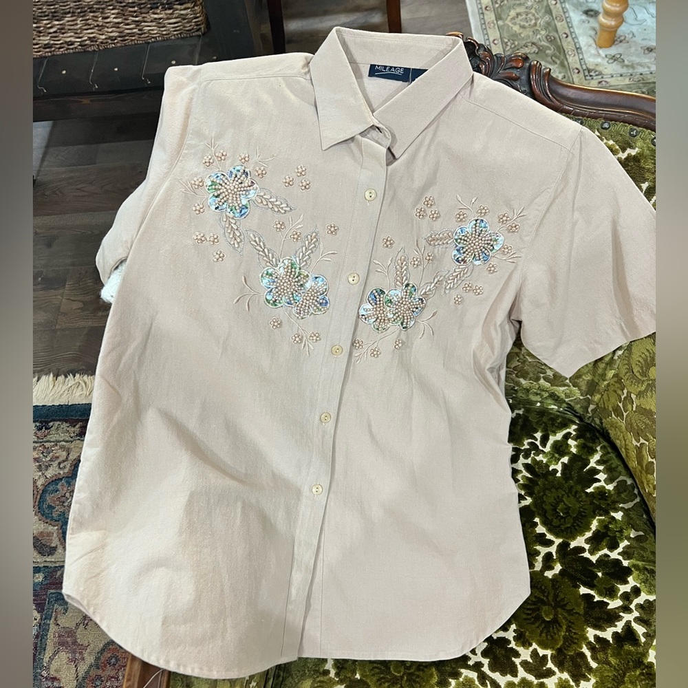 Embroidered and Beaded Pearl Floral Short Sleeve Button Shirt